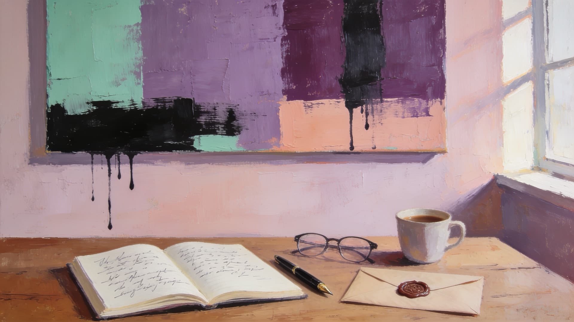 Pintura de un escritorio con cuaderno, bolígrafo, gafas, café y un sobre sellado