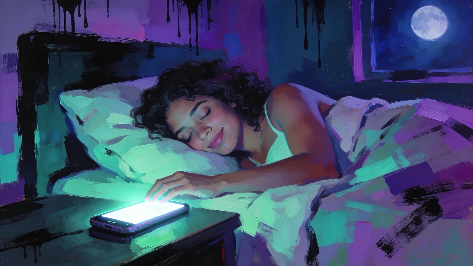 Pintura de una mujer dormida mientras el móvil se enciende en la mesilla de noche