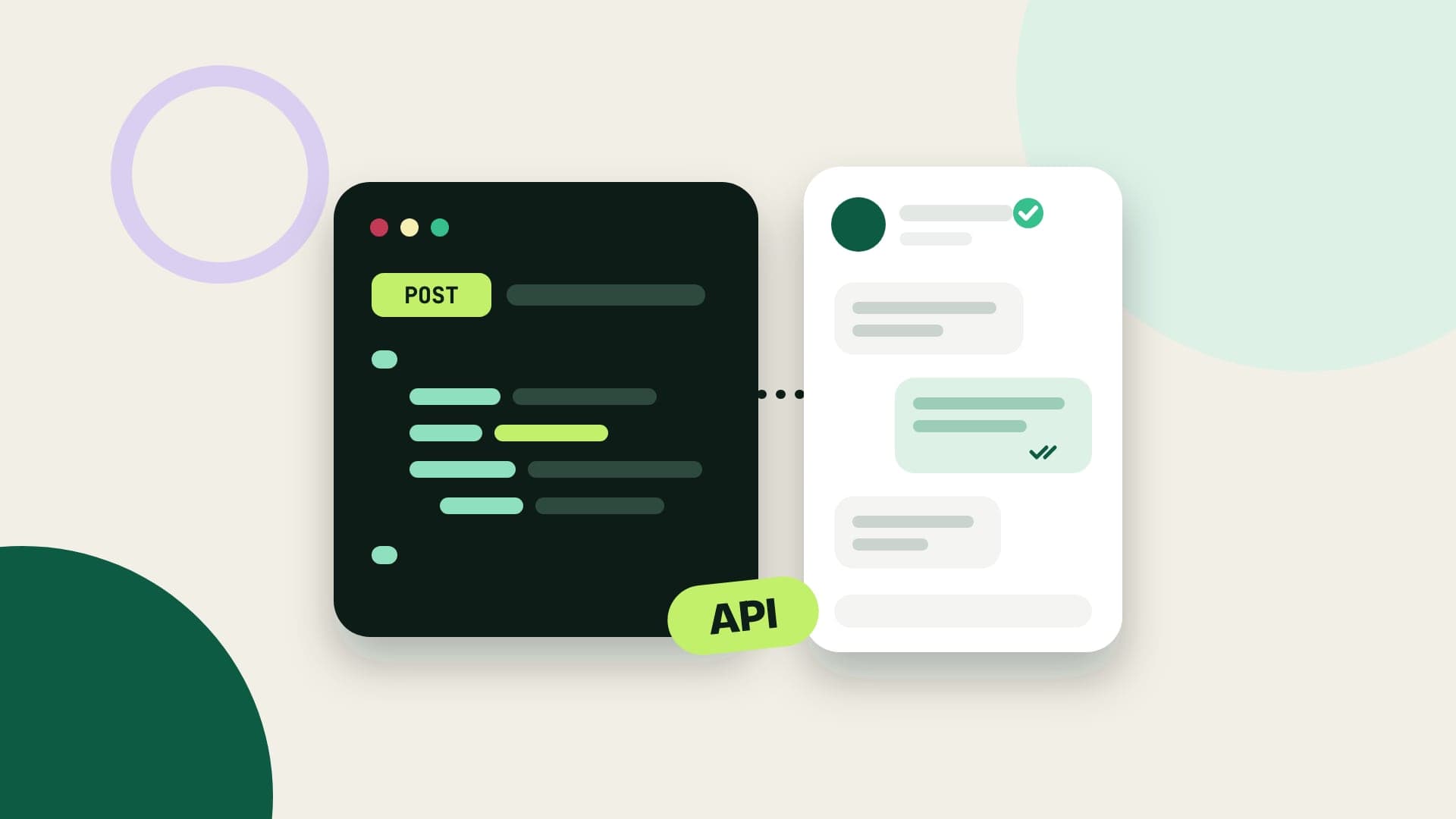 Ilustración de un panel de código con una llamada POST conectada a una conversación de WhatsApp con la insignia de cuenta verificada y una etiqueta API