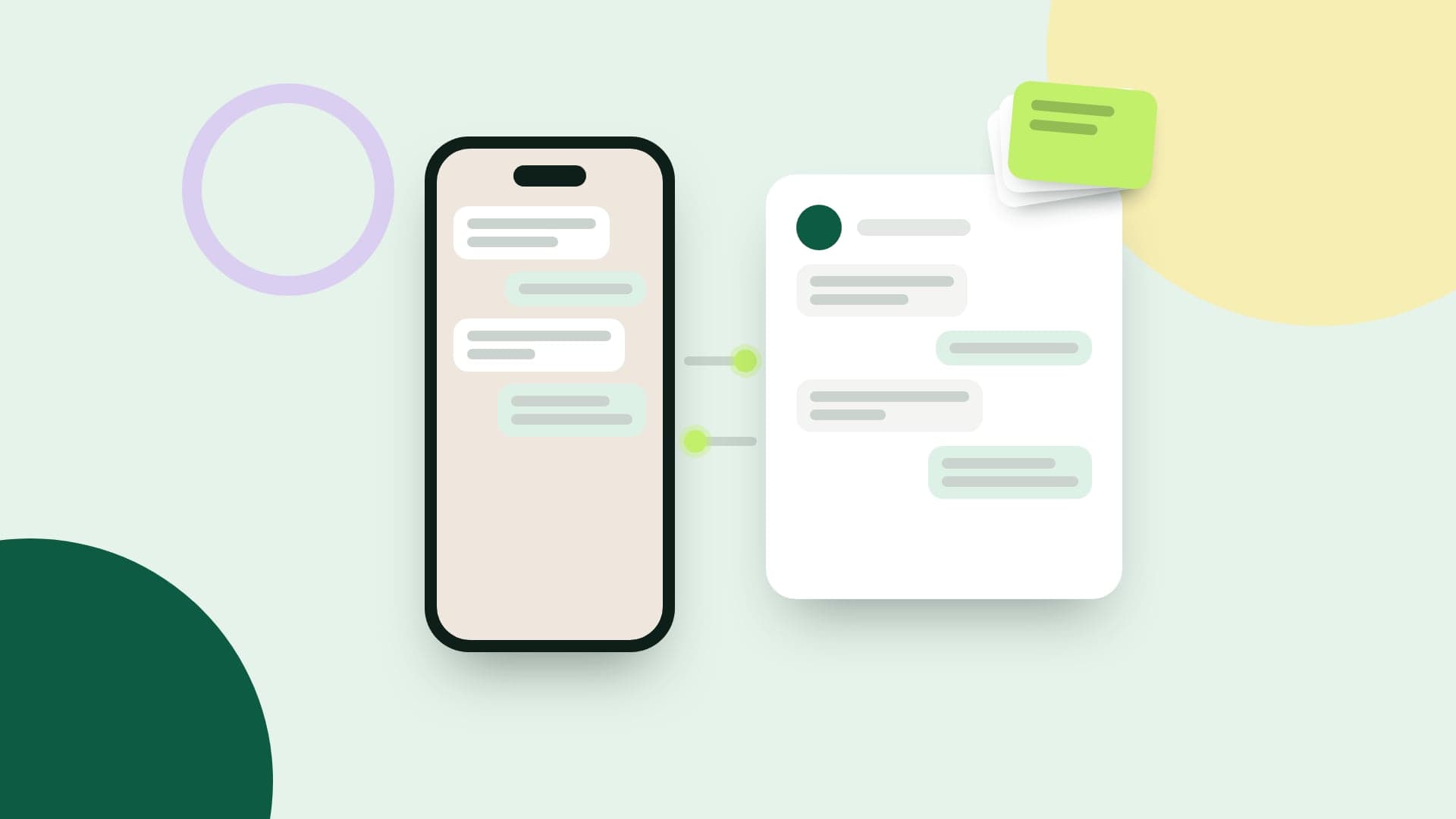 Ilustración de un móvil y un inbox con la misma conversación, unidos por una sincronización en los dos sentidos