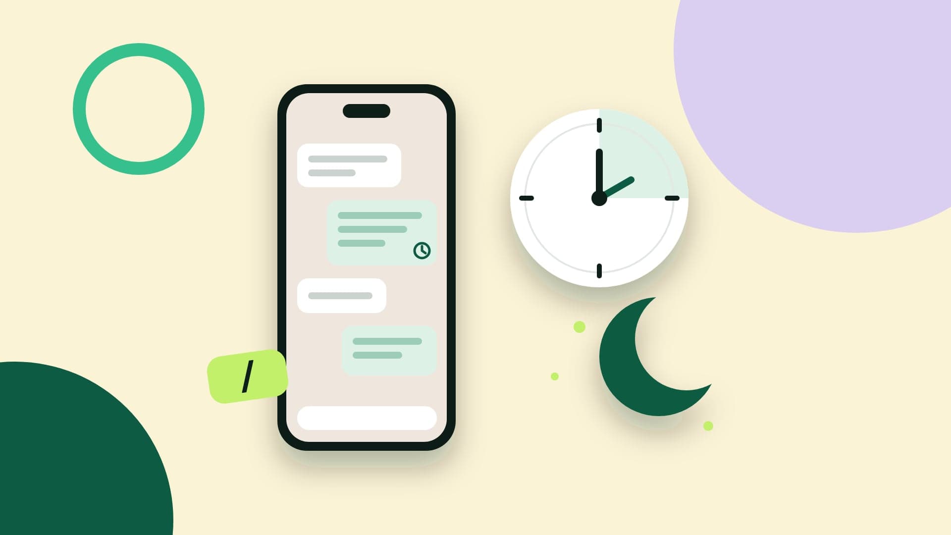 Ilustración de un móvil con una respuesta automática marcada por un reloj, un reloj de horario comercial, una luna y la barra de las respuestas rápidas