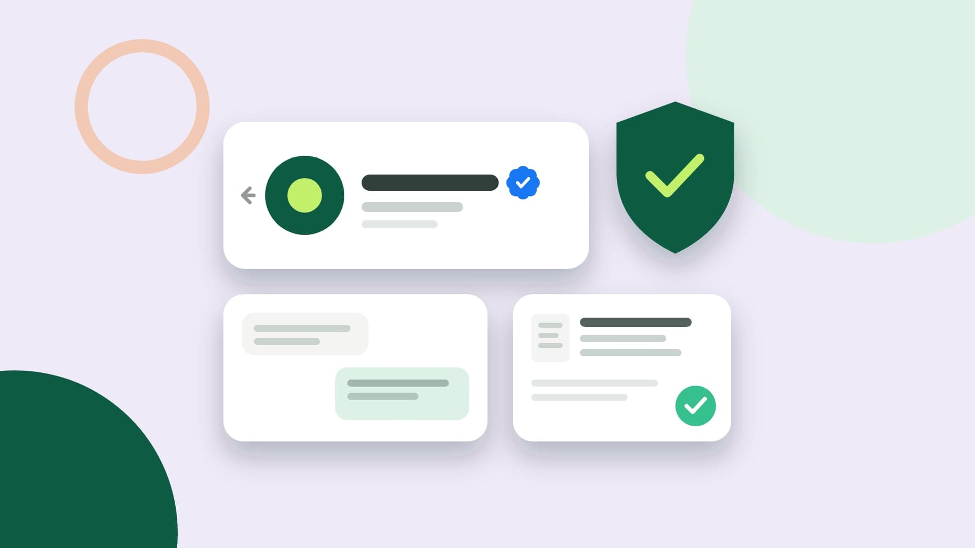Ilustración de la cabecera de una conversación con el nombre de la empresa y la insignia azul de verificada, un escudo con visto y una ficha de documentos aprobada