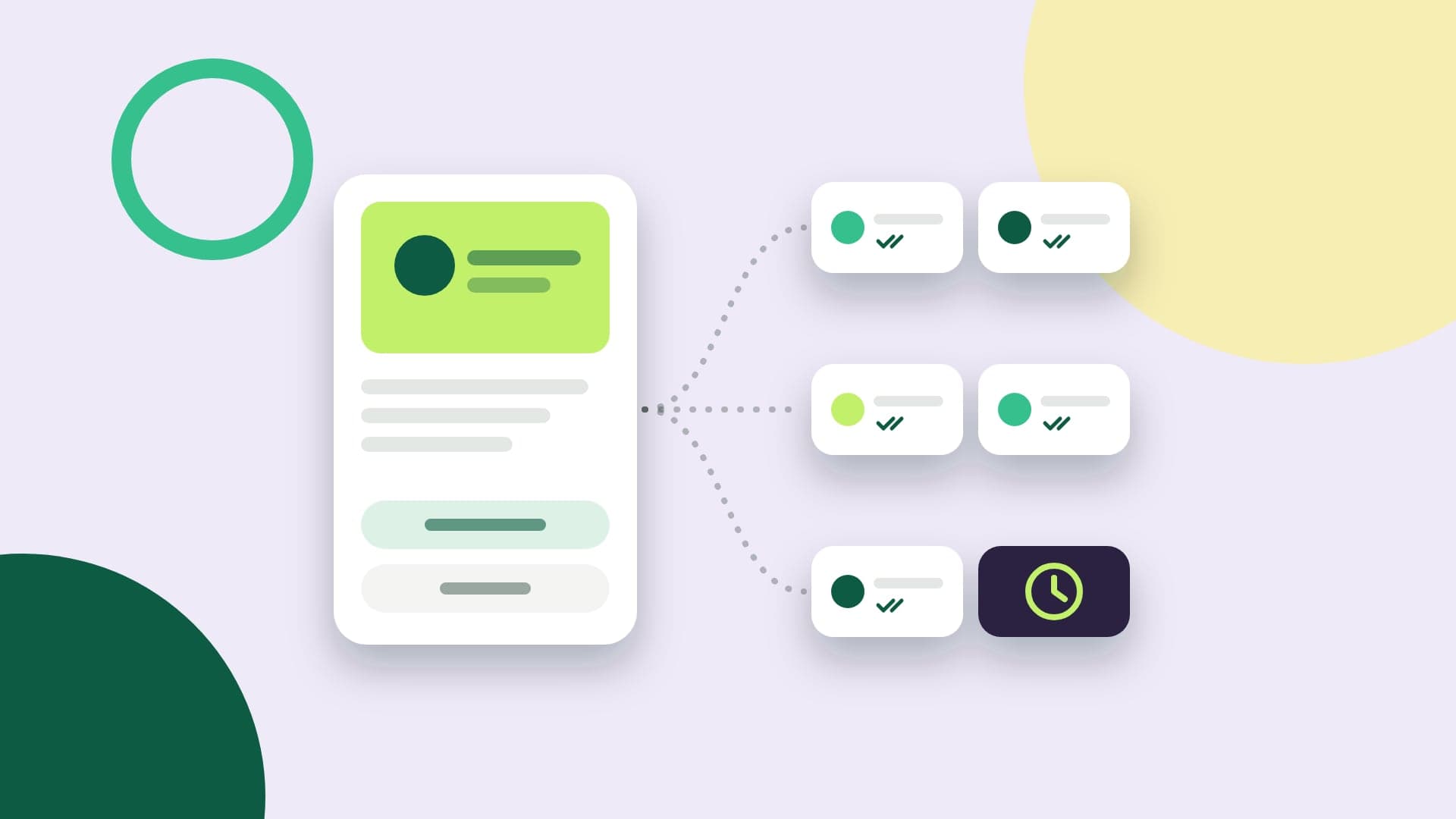 Ilustración de una plantilla de WhatsApp con imagen y botones que sale hacia seis conversaciones, cinco entregadas y una retenida por un reloj